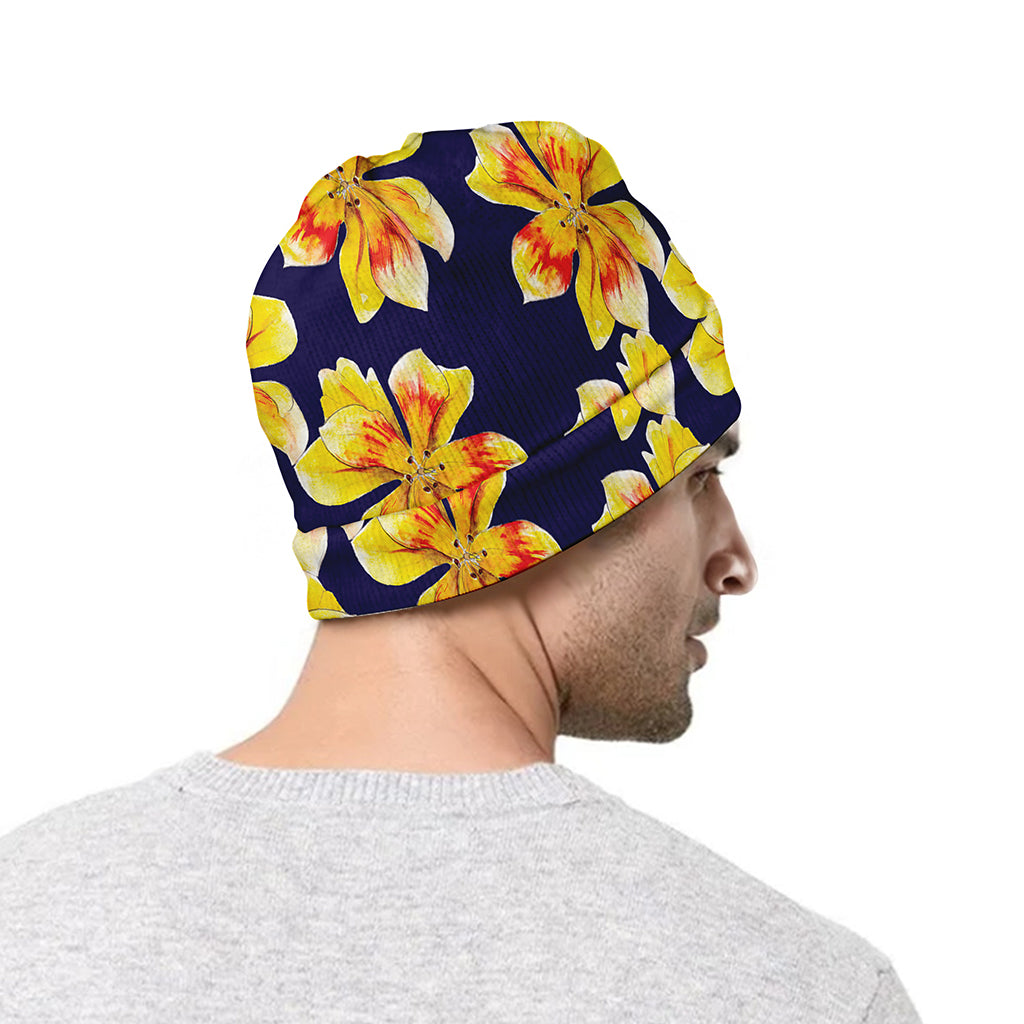 Yellow Watercolor Lily Pattern Print Beanie