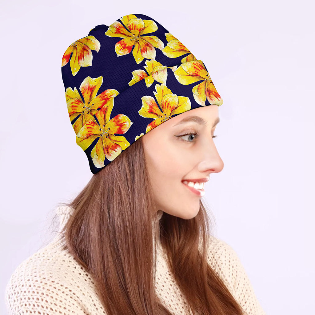Yellow Watercolor Lily Pattern Print Beanie