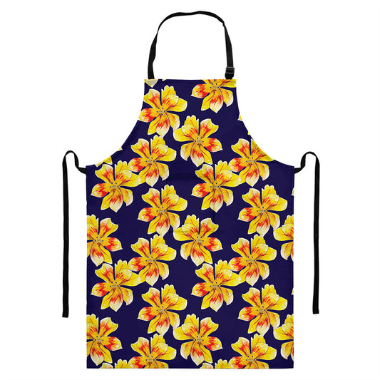Yellow Watercolor Lily Pattern Print Bib Apron With Pocket