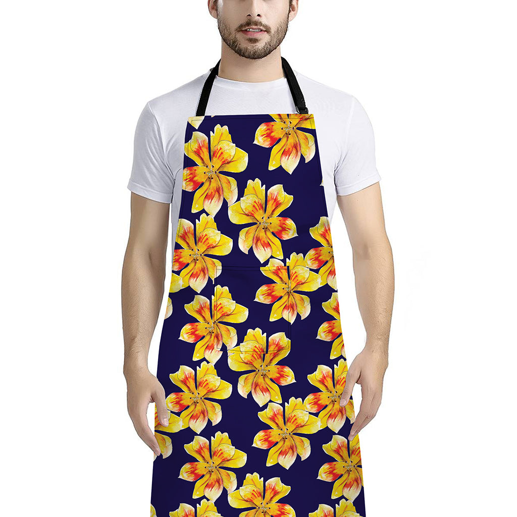 Yellow Watercolor Lily Pattern Print Bib Apron With Pocket