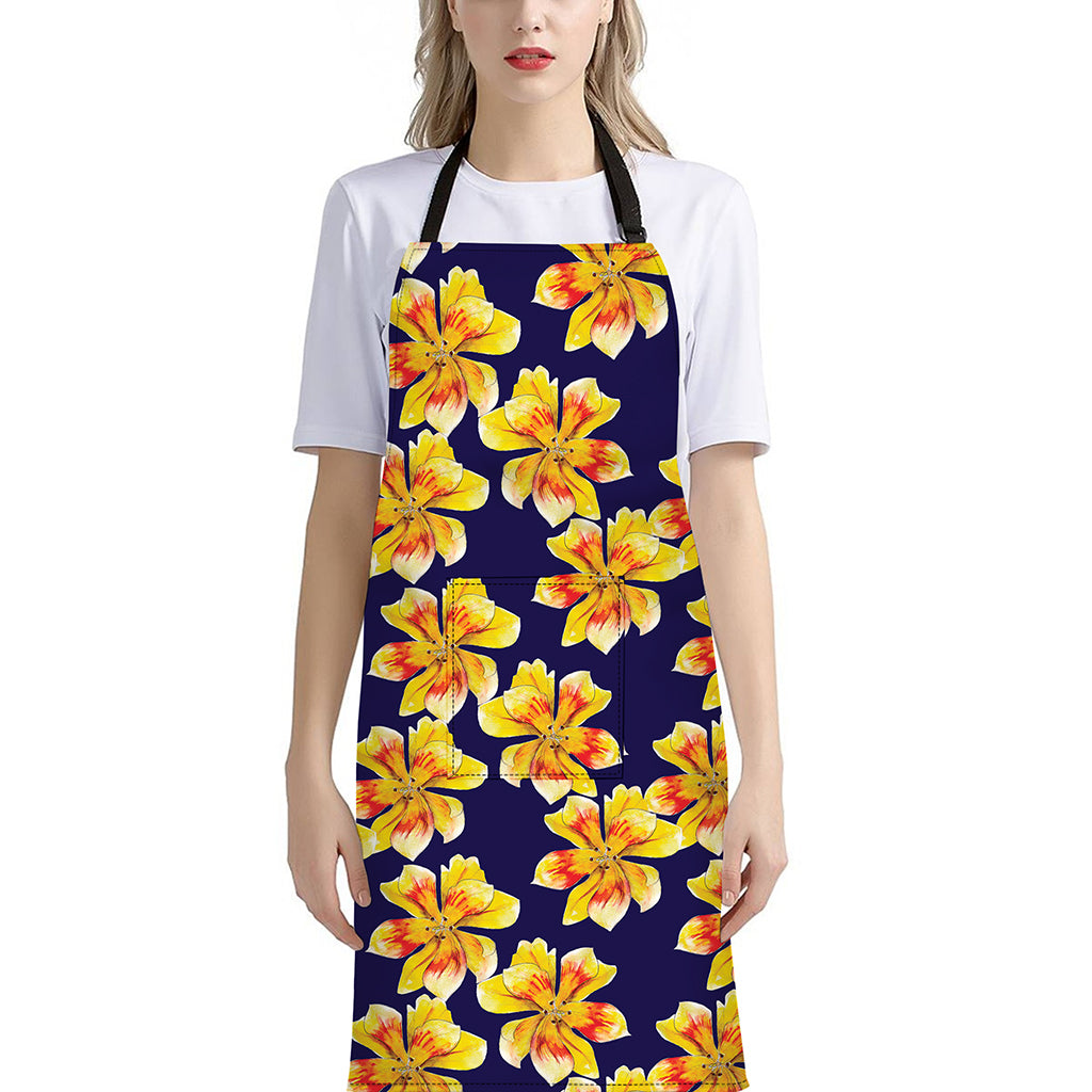 Yellow Watercolor Lily Pattern Print Bib Apron With Pocket