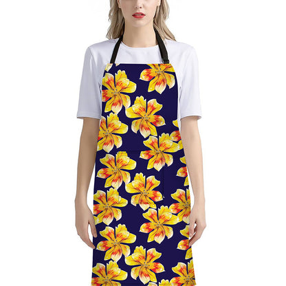 Yellow Watercolor Lily Pattern Print Bib Apron With Pocket