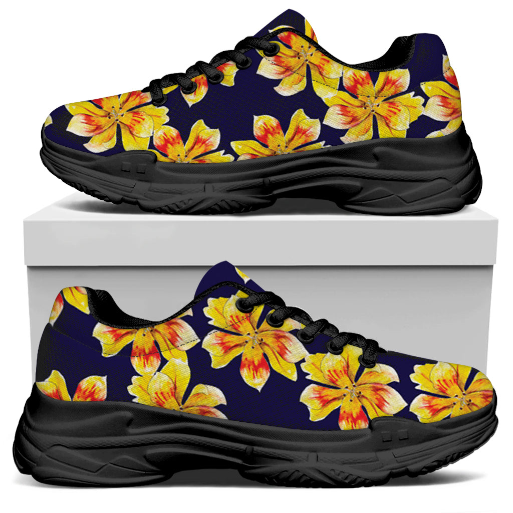 Yellow Watercolor Lily Pattern Print Black Chunky Shoes