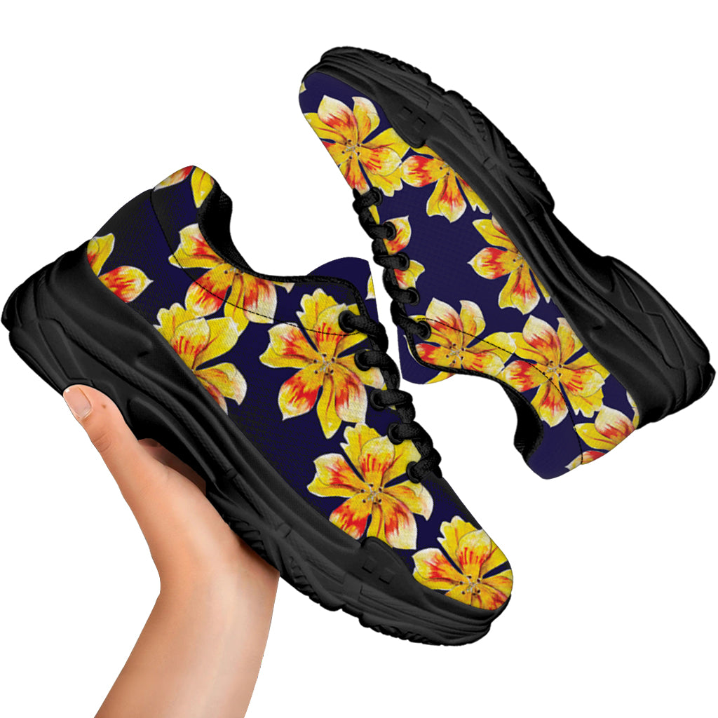 Yellow Watercolor Lily Pattern Print Black Chunky Shoes