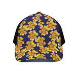 Yellow Watercolor Lily Pattern Print Black Mesh Trucker Cap