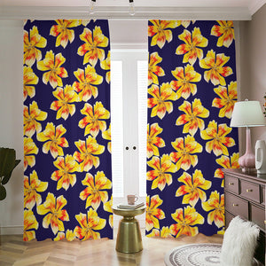 Yellow Watercolor Lily Pattern Print Blackout Pencil Pleat Curtains