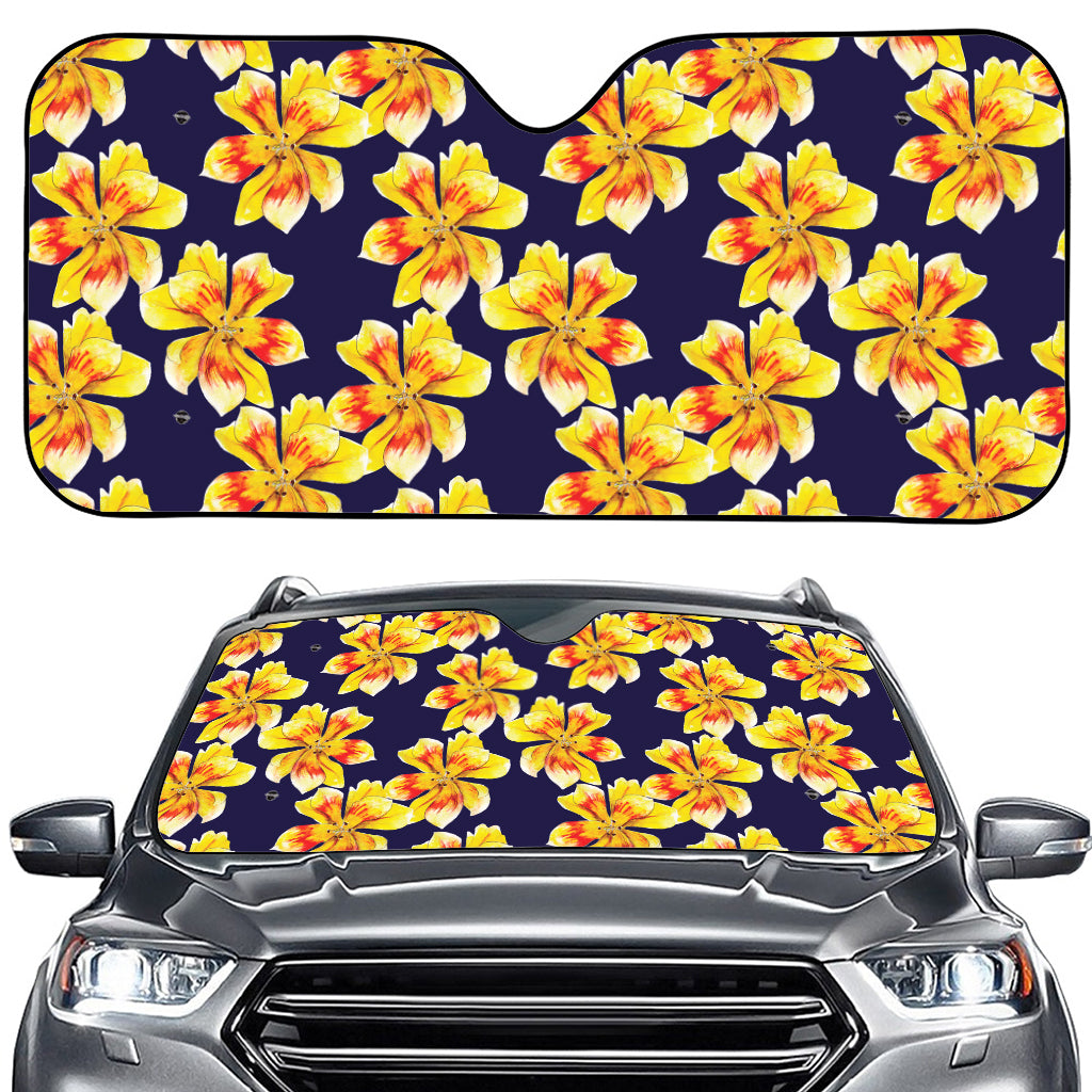 Yellow Watercolor Lily Pattern Print Car Windshield Sun Shade