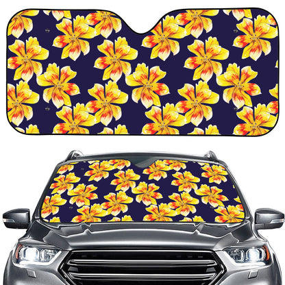 Yellow Watercolor Lily Pattern Print Car Windshield Sun Shade