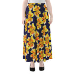 Yellow Watercolor Lily Pattern Print Chiffon Maxi Skirt