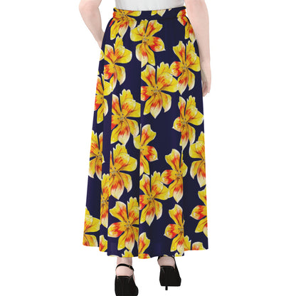 Yellow Watercolor Lily Pattern Print Chiffon Maxi Skirt