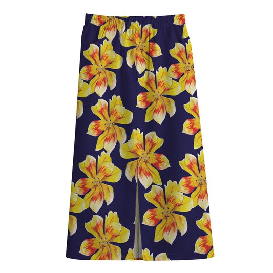 Yellow Watercolor Lily Pattern Print Cotton Front Slit Maxi Skirt