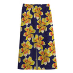 Yellow Watercolor Lily Pattern Print Cotton Front Slit Maxi Skirt