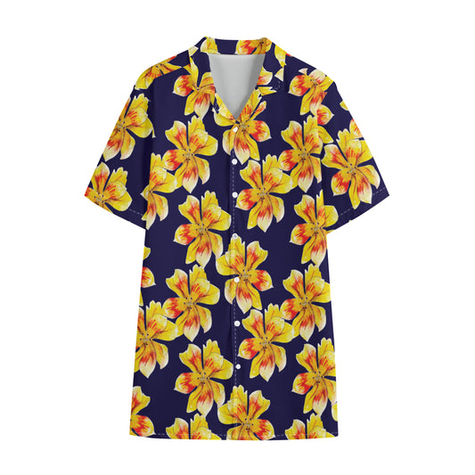 Yellow Watercolor Lily Pattern Print Cotton Hawaiian Shirt