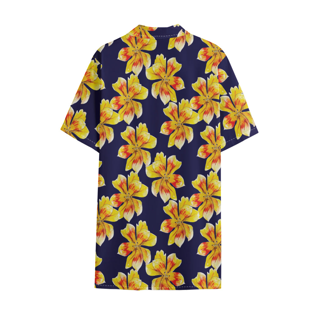 Yellow Watercolor Lily Pattern Print Cotton Hawaiian Shirt