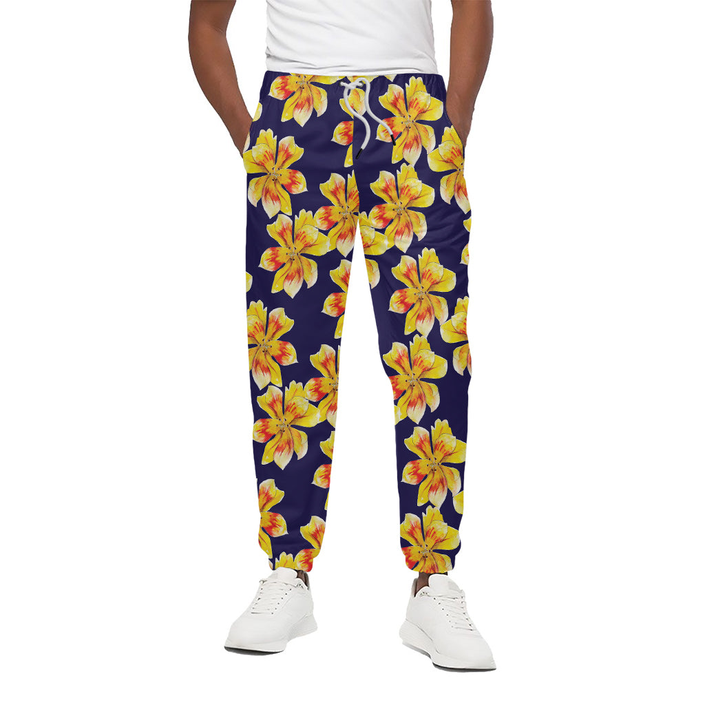 Yellow Watercolor Lily Pattern Print Cotton Pants