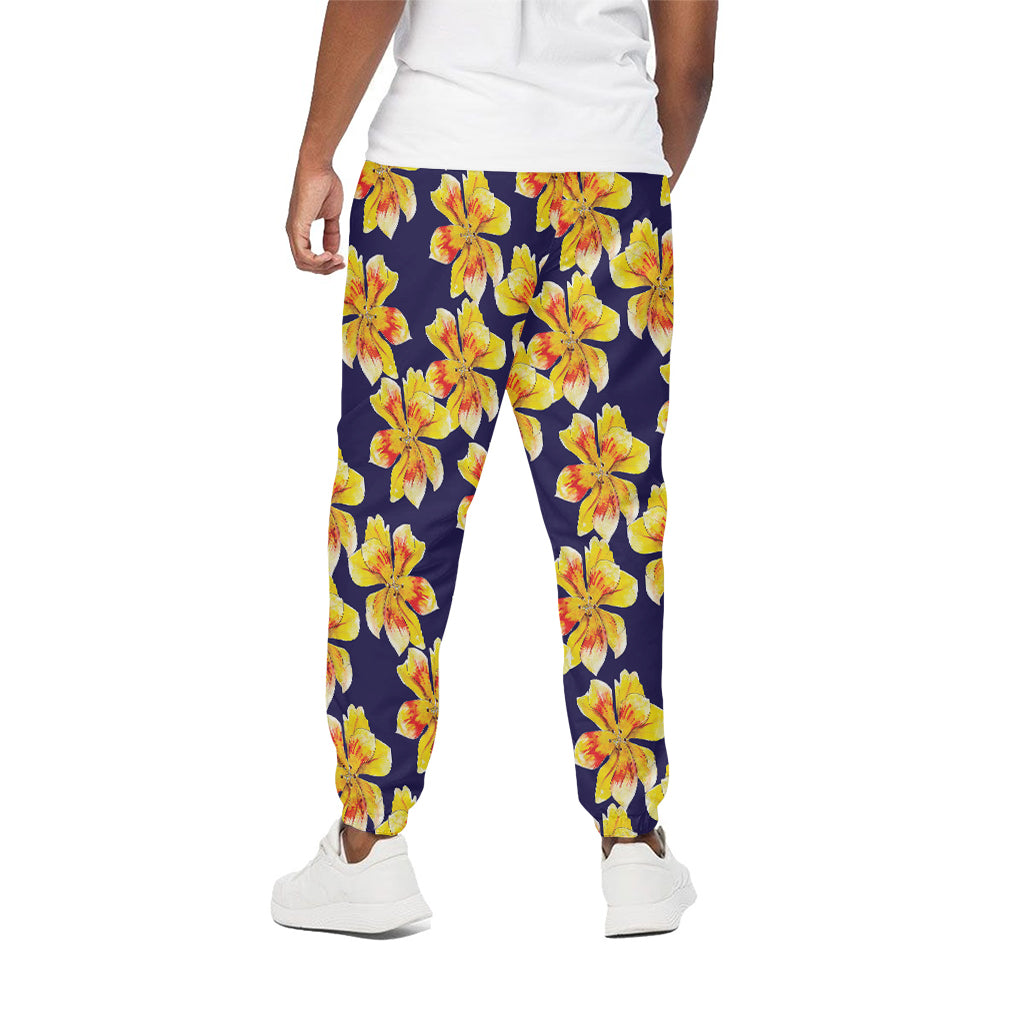 Yellow Watercolor Lily Pattern Print Cotton Pants