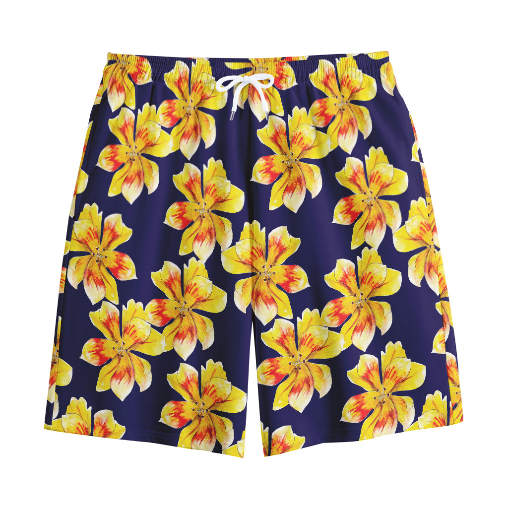 Yellow Watercolor Lily Pattern Print Cotton Shorts
