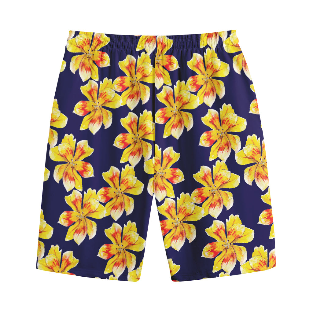 Yellow Watercolor Lily Pattern Print Cotton Shorts