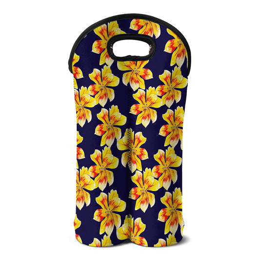 Yellow Watercolor Lily Pattern Print Double Neoprene Wine Tote