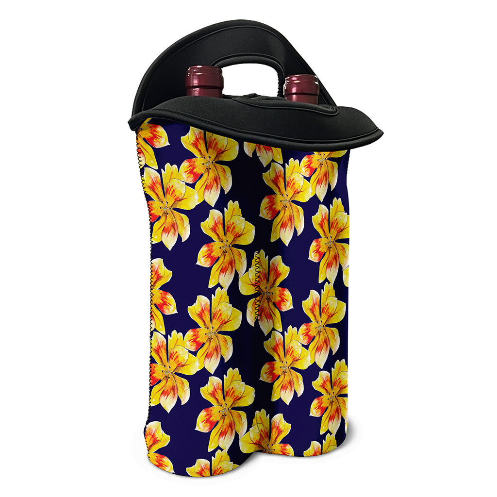 Yellow Watercolor Lily Pattern Print Double Neoprene Wine Tote