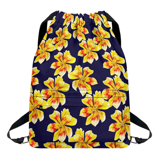 Yellow Watercolor Lily Pattern Print Drawstring Backpack