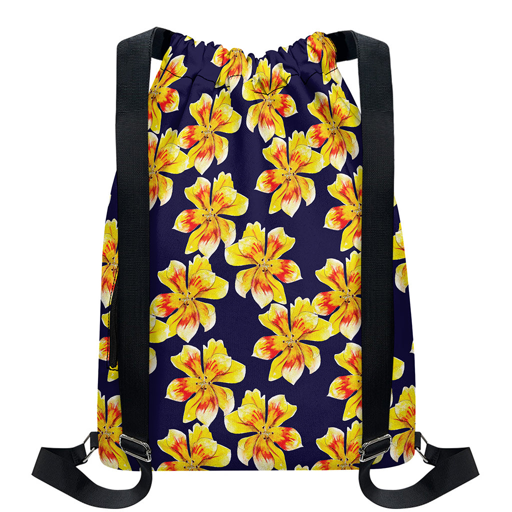Yellow Watercolor Lily Pattern Print Drawstring Backpack