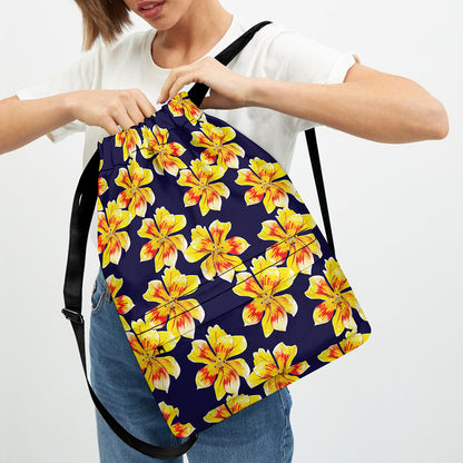 Yellow Watercolor Lily Pattern Print Drawstring Backpack