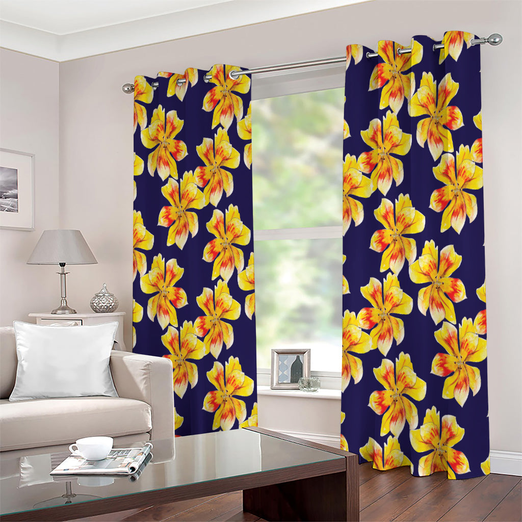 Yellow Watercolor Lily Pattern Print Extra Wide Grommet Curtains