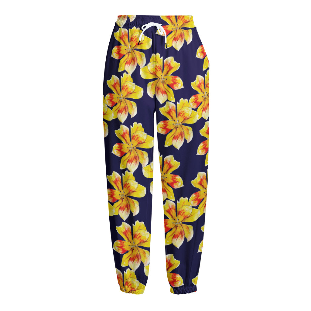 Yellow Watercolor Lily Pattern Print Fleece Lined Knit Pants