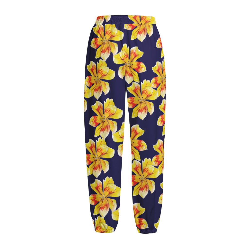 Yellow Watercolor Lily Pattern Print Fleece Lined Knit Pants