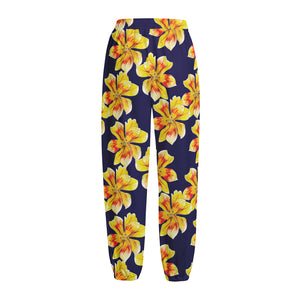 Yellow Watercolor Lily Pattern Print Fleece Lined Knit Pants