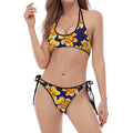 Yellow Watercolor Lily Pattern Print Halter Scoop Tie Side Bikini