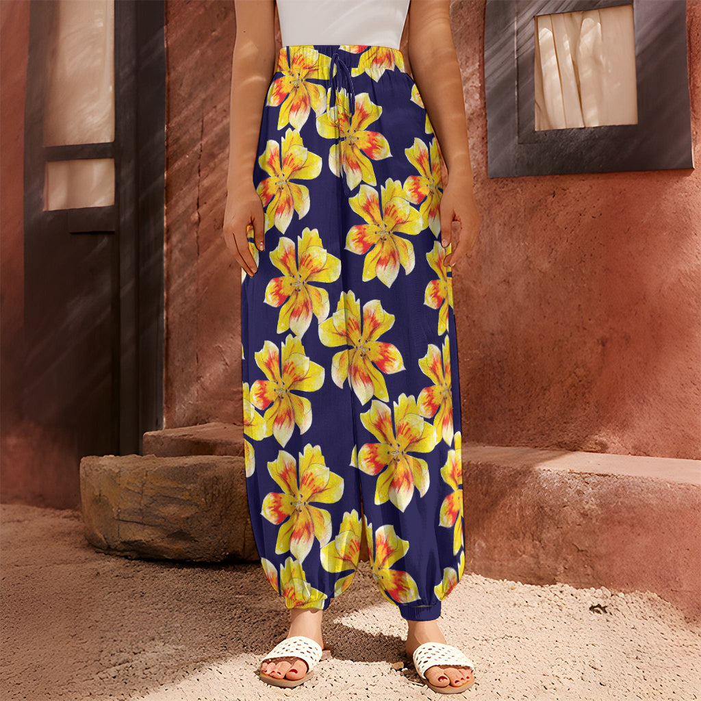 Yellow Watercolor Lily Pattern Print Harem Pants