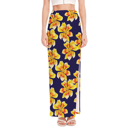Yellow Watercolor Lily Pattern Print High Slit Maxi Skirt