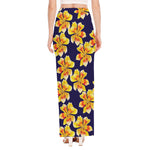 Yellow Watercolor Lily Pattern Print High Slit Maxi Skirt