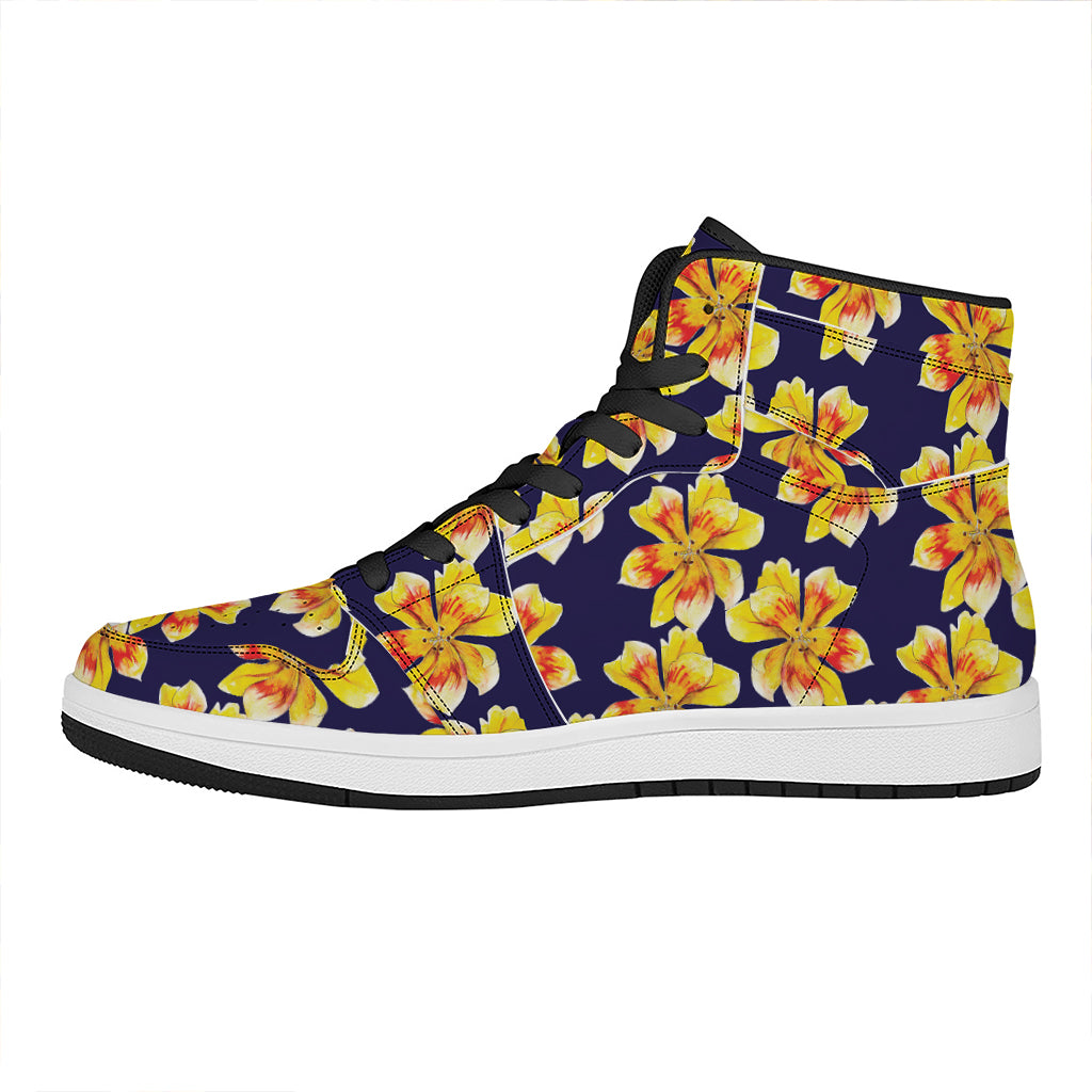 Yellow Watercolor Lily Pattern Print High Top Leather Sneakers