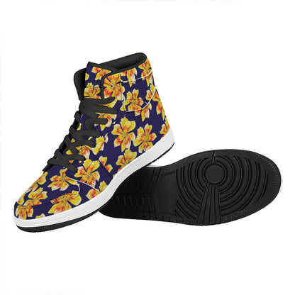 Yellow Watercolor Lily Pattern Print High Top Leather Sneakers