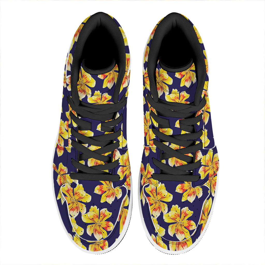 Yellow Watercolor Lily Pattern Print High Top Leather Sneakers