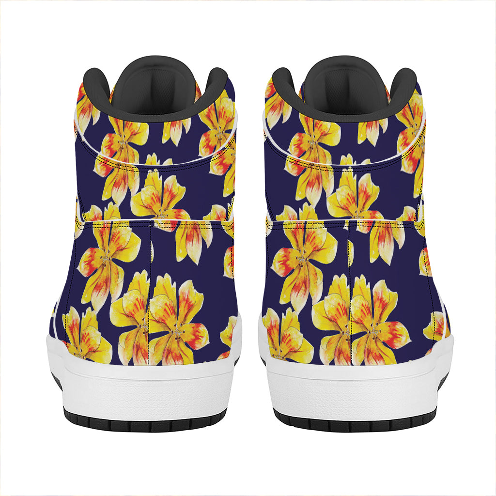 Yellow Watercolor Lily Pattern Print High Top Leather Sneakers
