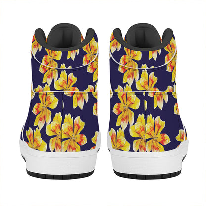 Yellow Watercolor Lily Pattern Print High Top Leather Sneakers
