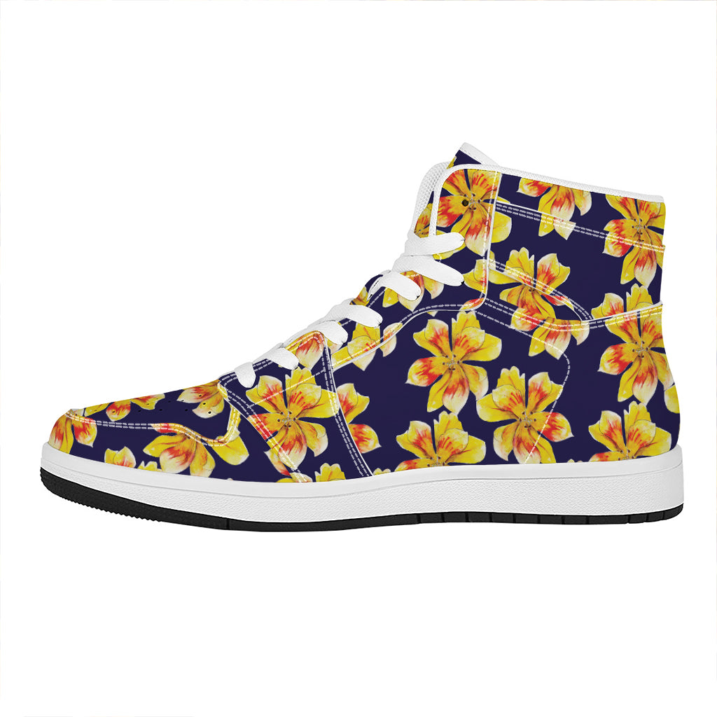 Yellow Watercolor Lily Pattern Print High Top Leather Sneakers