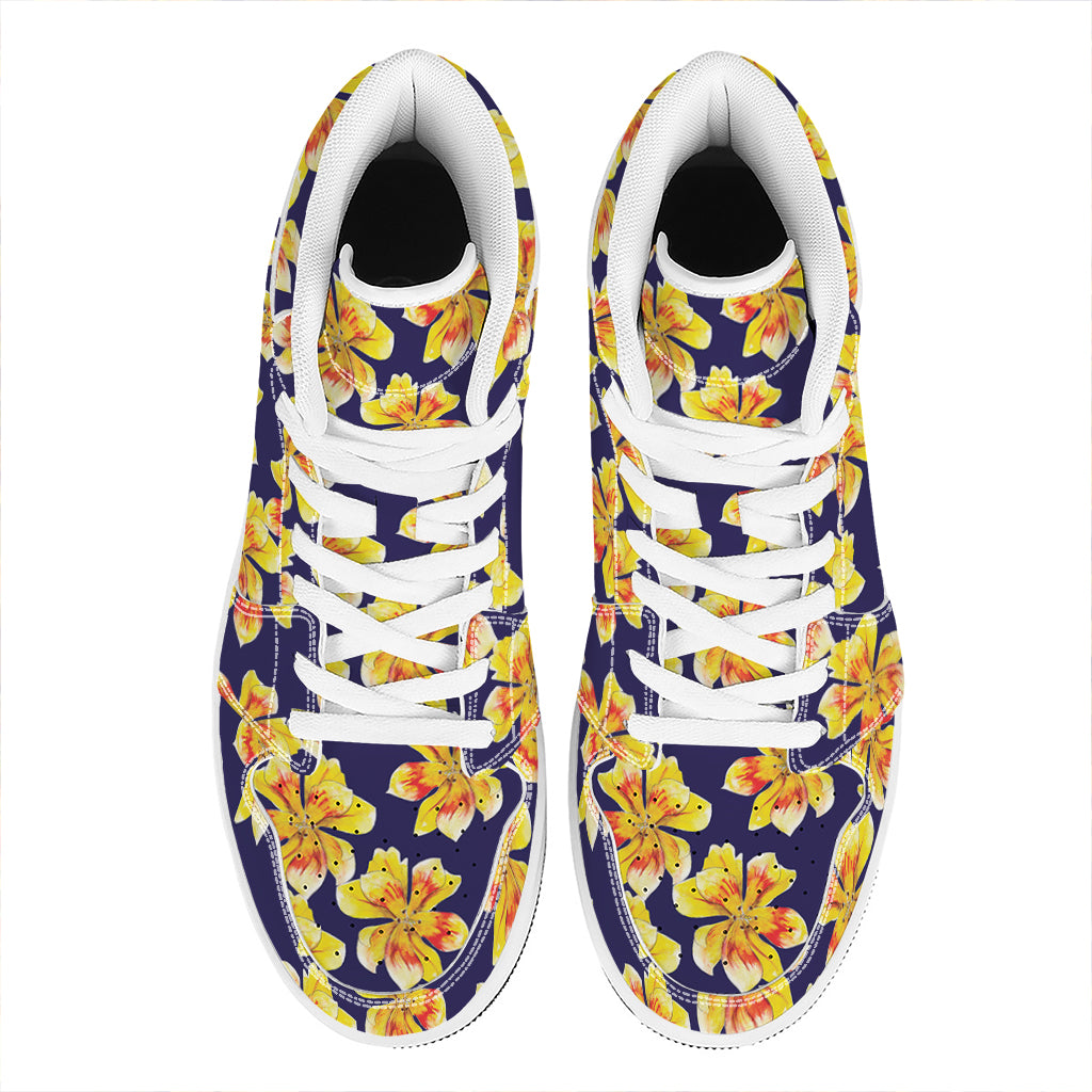 Yellow Watercolor Lily Pattern Print High Top Leather Sneakers