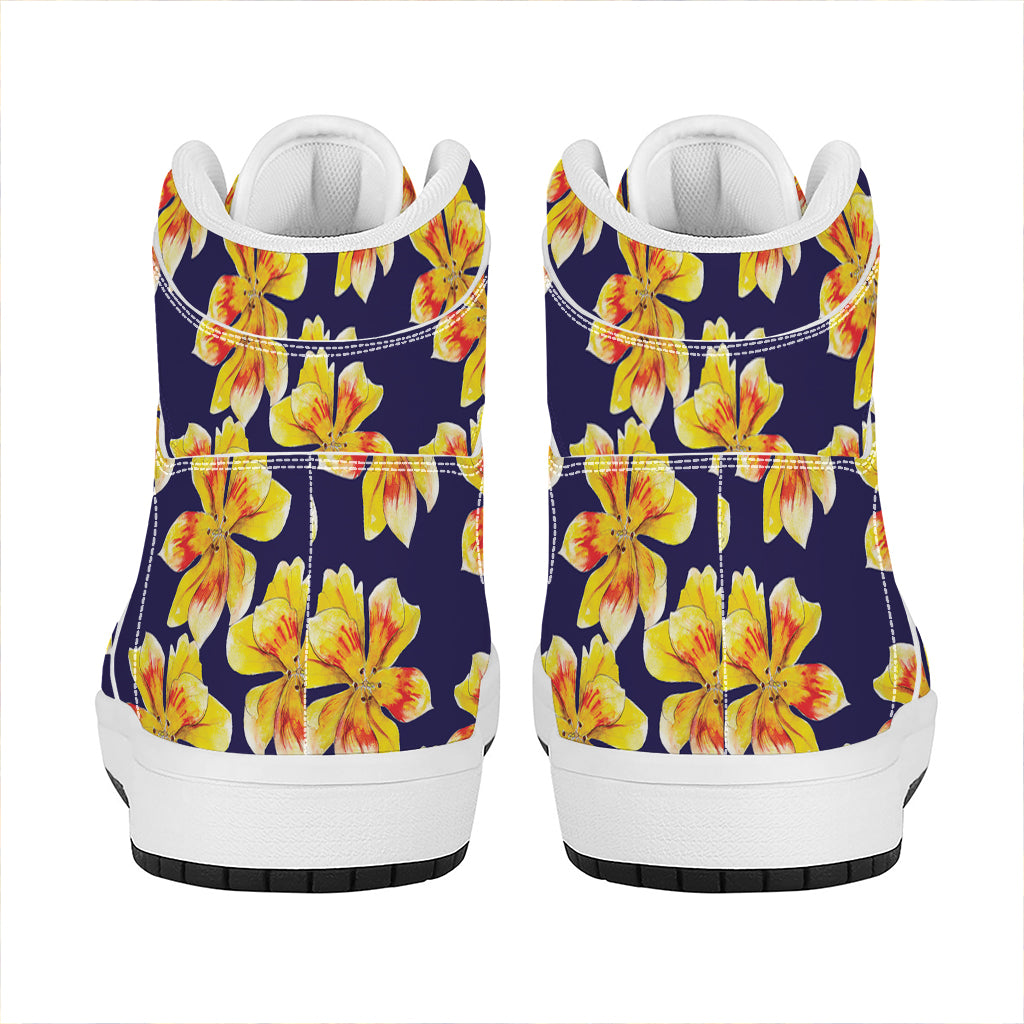 Yellow Watercolor Lily Pattern Print High Top Leather Sneakers