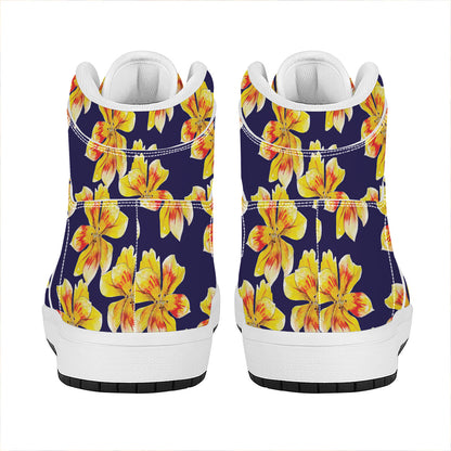 Yellow Watercolor Lily Pattern Print High Top Leather Sneakers