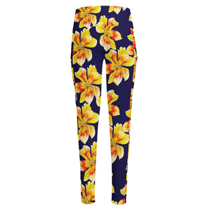 Yellow Watercolor Lily Pattern Print High-Waisted Pocket Leggings