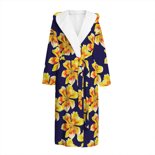 Yellow Watercolor Lily Pattern Print Hooded Bathrobe