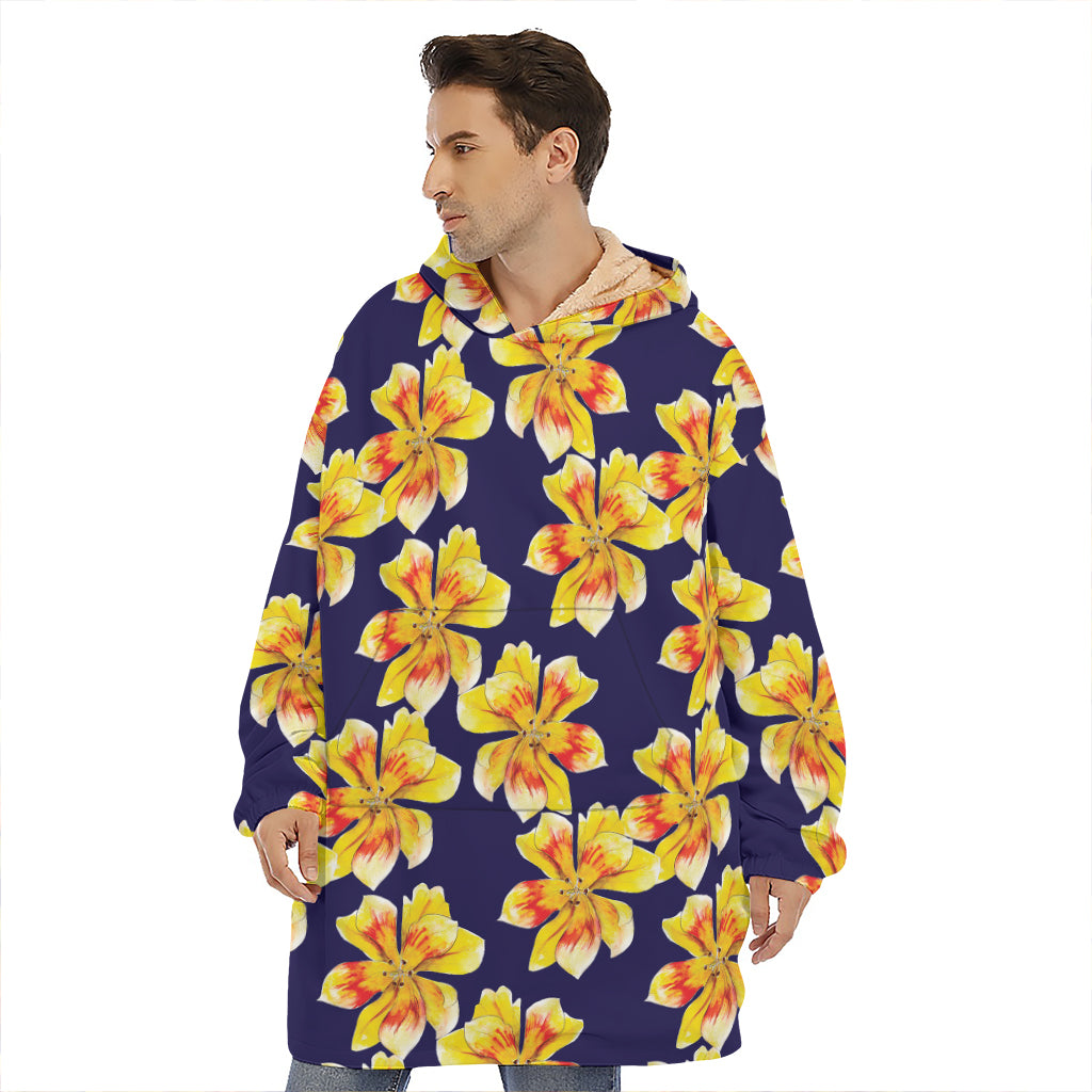 Yellow Watercolor Lily Pattern Print Hoodie Blanket