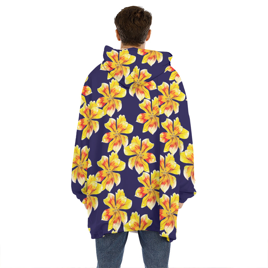 Yellow Watercolor Lily Pattern Print Hoodie Blanket