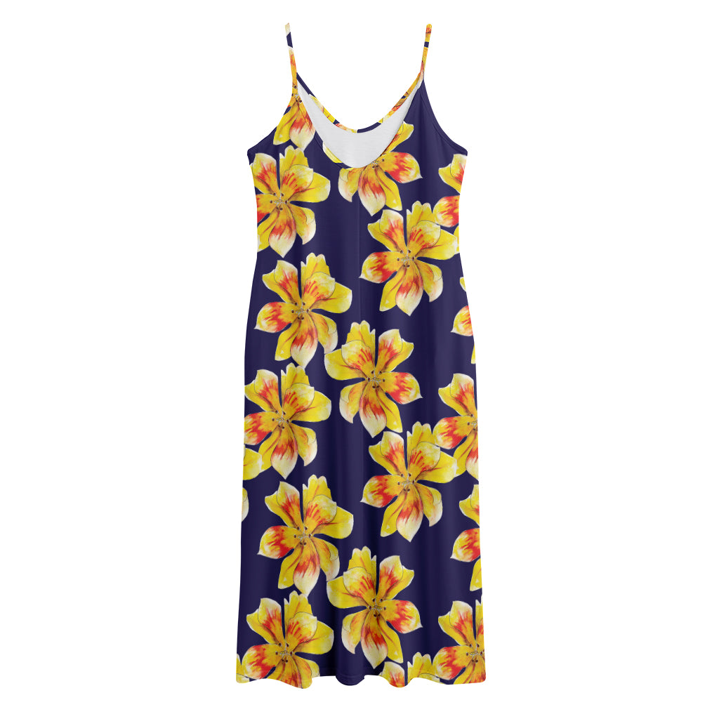 Yellow Watercolor Lily Pattern Print Jersey Midi Cami Dress