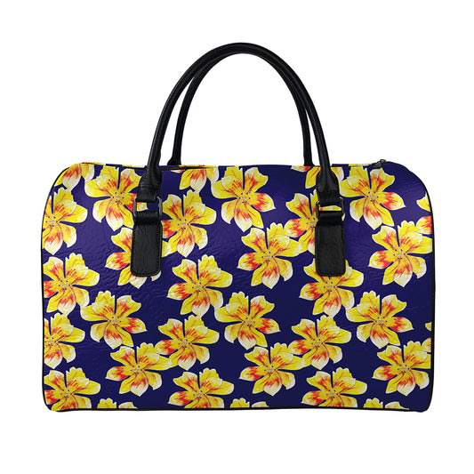 Yellow Watercolor Lily Pattern Print Leather Duffle Bag